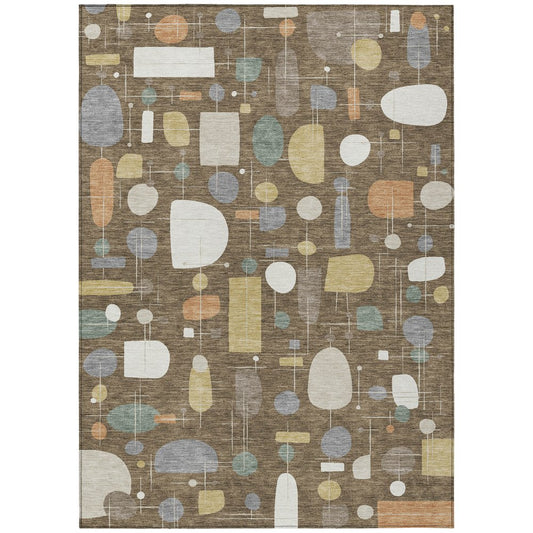 10' X 14' Chocolate Brown And Gray Geometric Washable Indoor Outdoor Area Rug
