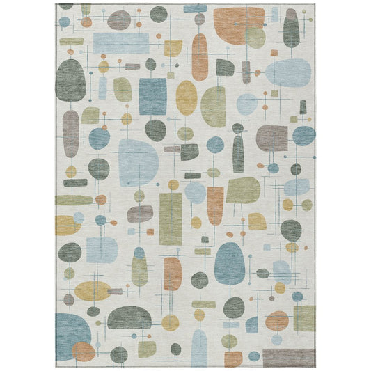 10' X 14' Ivory Blue And Green Geometric Washable Indoor Outdoor Area Rug