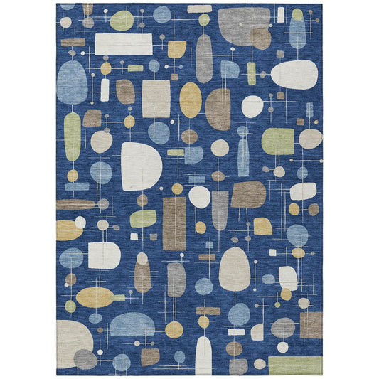 9' X 12' Navy Blue Ivory And Brown Geometric Washable Indoor Outdoor Area Rug