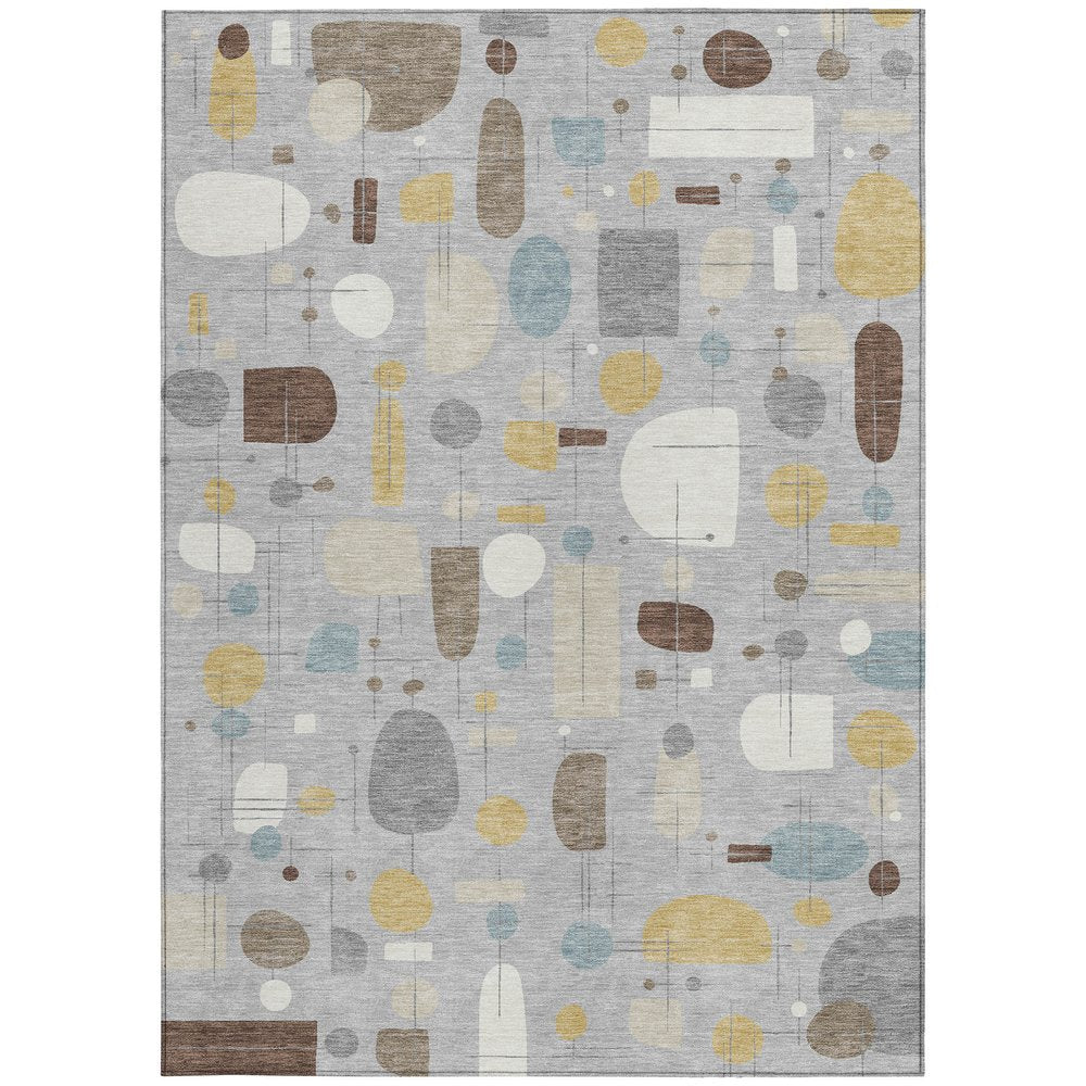 9' X 12' Silver Ivory And Brown Geometric Washable Indoor Outdoor Area Rug