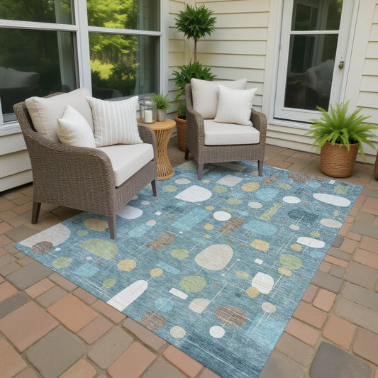 9' X 12' Teal Blue Ivory And Green Geometric Washable Indoor Outdoor Area Rug