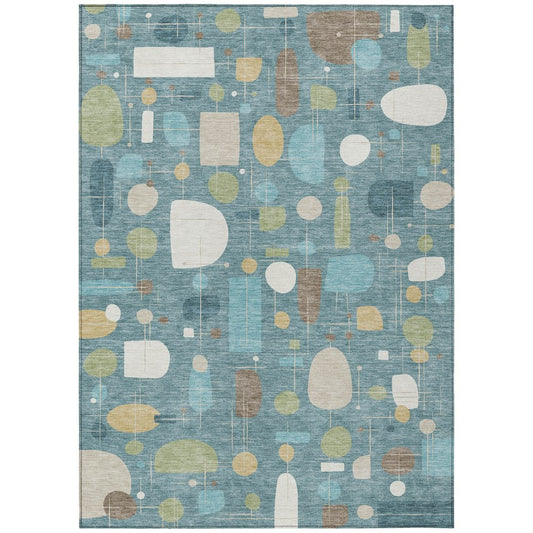 9' X 12' Teal Blue Ivory And Green Geometric Washable Indoor Outdoor Area Rug