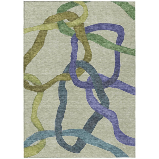 10' X 14' Artichoke Green Purple And Khaki Abstract Washable Indoor Outdoor Area Rug