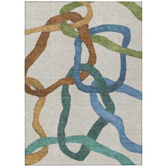 9' X 12' Beige Blue And Green Abstract Washable Indoor Outdoor Area Rug