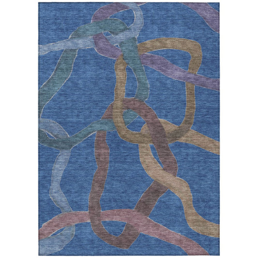 9' X 12' Navy Blue Brown And Mauve Abstract Washable Indoor Outdoor Area Rug