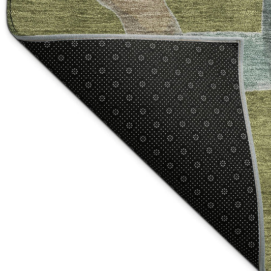 9' X 12' Olive Green Blue And Brown Abstract Washable Indoor Outdoor Area Rug