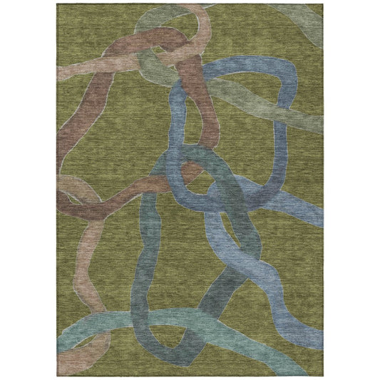 10' X 14' Olive Green Blue And Brown Abstract Washable Indoor Outdoor Area Rug