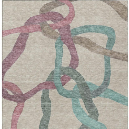 9' X 12' Tan Blue And Mauve Abstract Washable Indoor Outdoor Area Rug