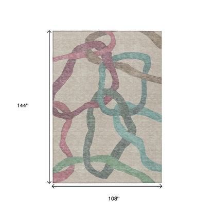 9' X 12' Tan Blue And Mauve Abstract Washable Indoor Outdoor Area Rug