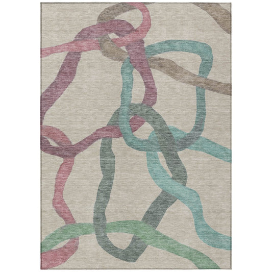 9' X 12' Tan Blue And Mauve Abstract Washable Indoor Outdoor Area Rug