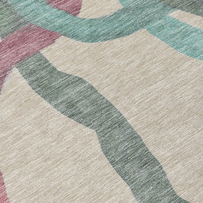 9' X 12' Tan Blue And Mauve Abstract Washable Indoor Outdoor Area Rug