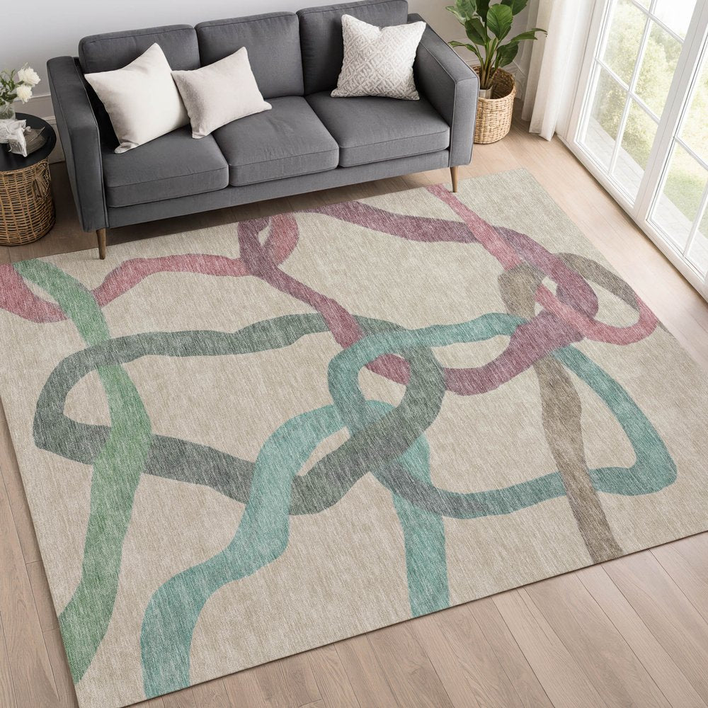 9' X 12' Tan Blue And Mauve Abstract Washable Indoor Outdoor Area Rug