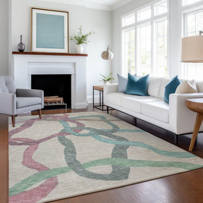 9' X 12' Tan Blue And Mauve Abstract Washable Indoor Outdoor Area Rug