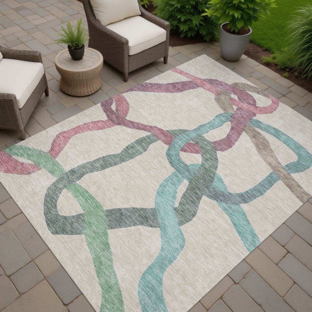 9' X 12' Tan Blue And Mauve Abstract Washable Indoor Outdoor Area Rug