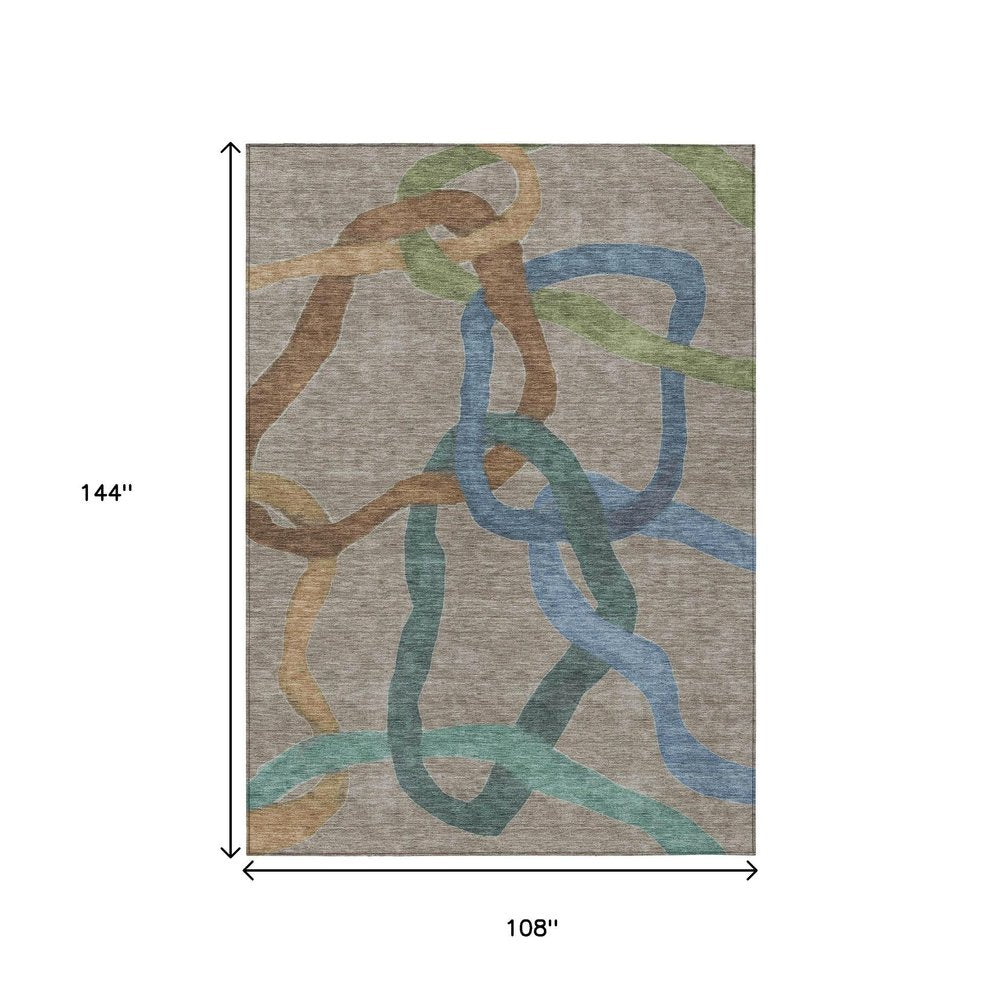 9' X 12' Taupe Blue And Copper Abstract Washable Indoor Outdoor Area Rug