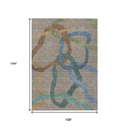 9' X 12' Taupe Blue And Copper Abstract Washable Indoor Outdoor Area Rug