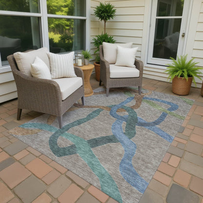 9' X 12' Taupe Blue And Copper Abstract Washable Indoor Outdoor Area Rug
