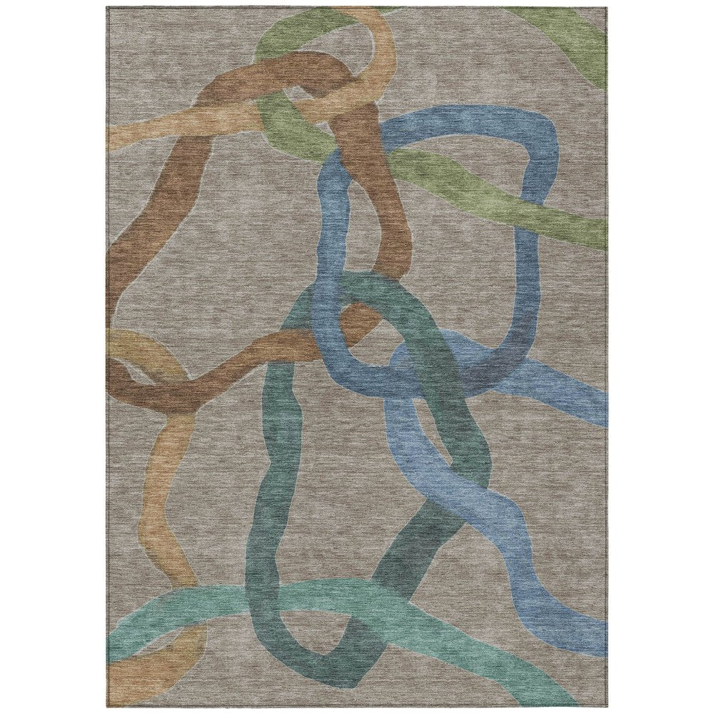 9' X 12' Taupe Blue And Copper Abstract Washable Indoor Outdoor Area Rug