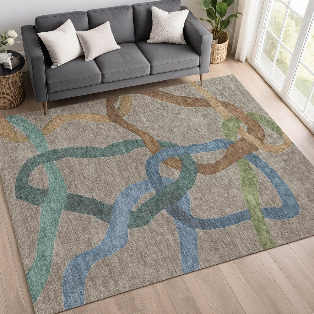 9' X 12' Taupe Blue And Copper Abstract Washable Indoor Outdoor Area Rug