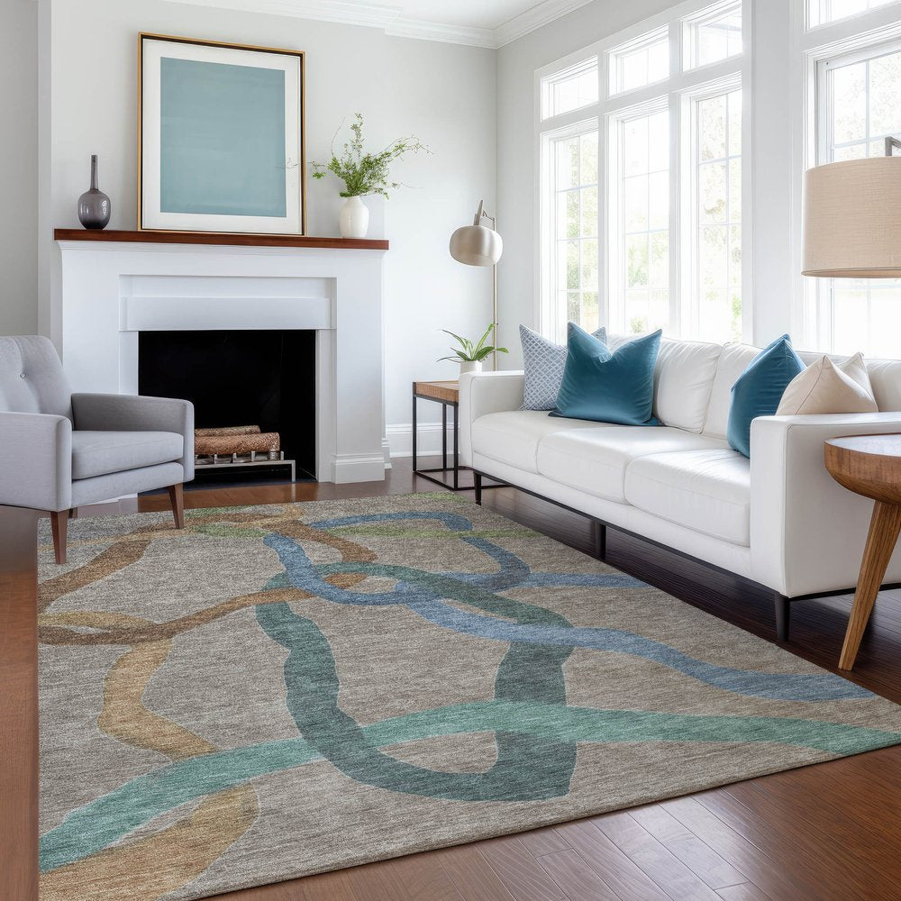 9' X 12' Taupe Blue And Copper Abstract Washable Indoor Outdoor Area Rug