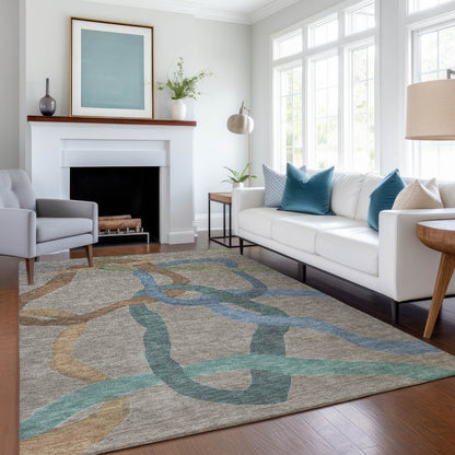 9' X 12' Taupe Blue And Copper Abstract Washable Indoor Outdoor Area Rug