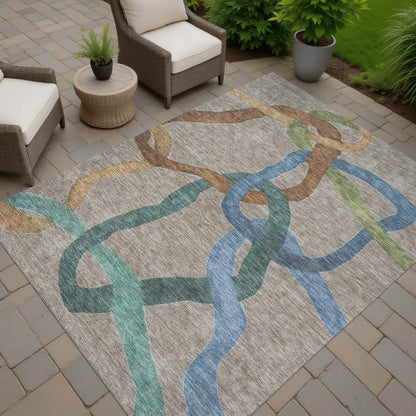 9' X 12' Taupe Blue And Copper Abstract Washable Indoor Outdoor Area Rug