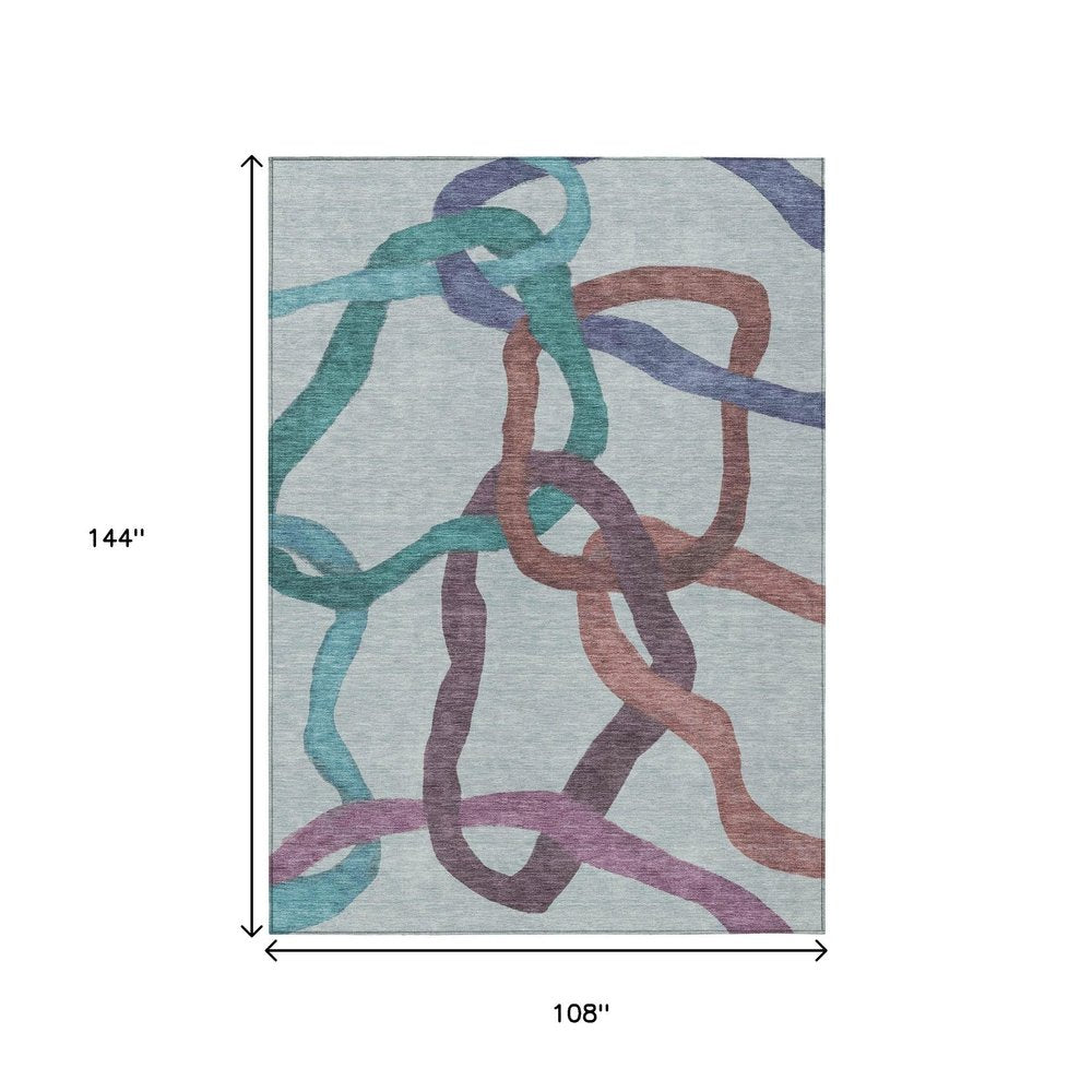 9' X 12' Teal Blue Red And Mauve Abstract Washable Indoor Outdoor Area Rug