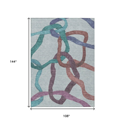 9' X 12' Teal Blue Red And Mauve Abstract Washable Indoor Outdoor Area Rug