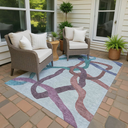 9' X 12' Teal Blue Red And Mauve Abstract Washable Indoor Outdoor Area Rug