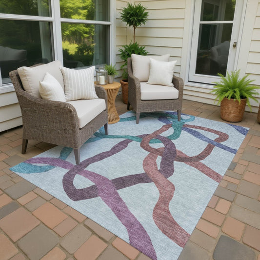 9' X 12' Teal Blue Red And Mauve Abstract Washable Indoor Outdoor Area Rug