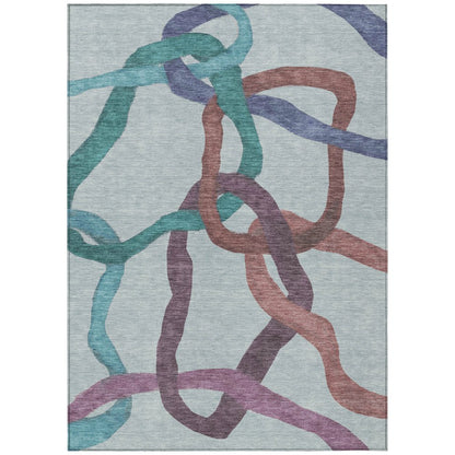 9' X 12' Teal Blue Red And Mauve Abstract Washable Indoor Outdoor Area Rug