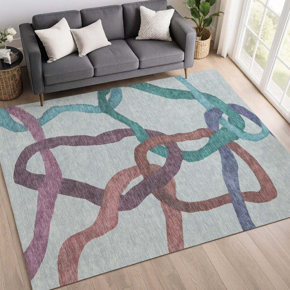 9' X 12' Teal Blue Red And Mauve Abstract Washable Indoor Outdoor Area Rug