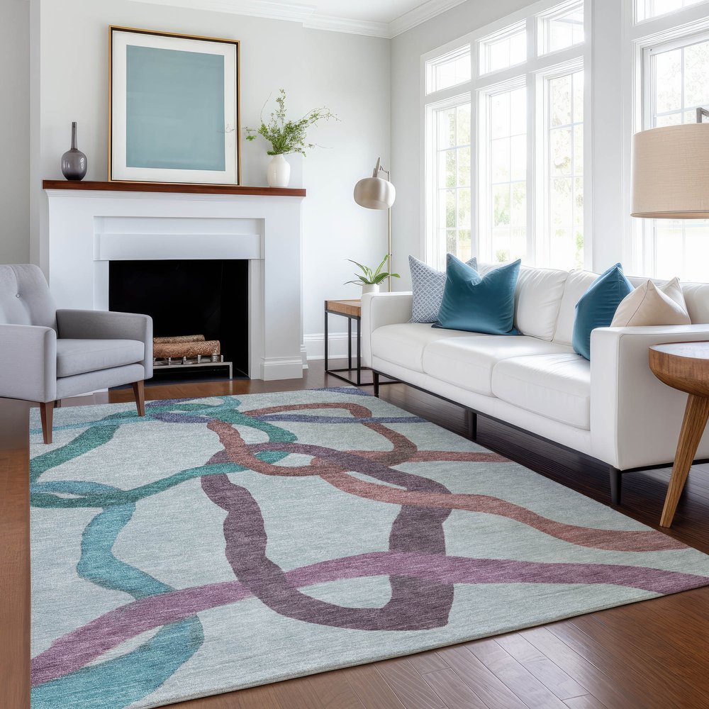 9' X 12' Teal Blue Red And Mauve Abstract Washable Indoor Outdoor Area Rug