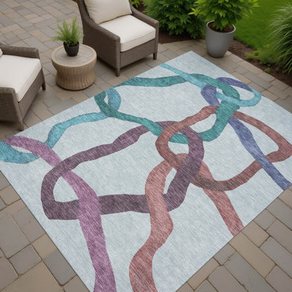 9' X 12' Teal Blue Red And Mauve Abstract Washable Indoor Outdoor Area Rug