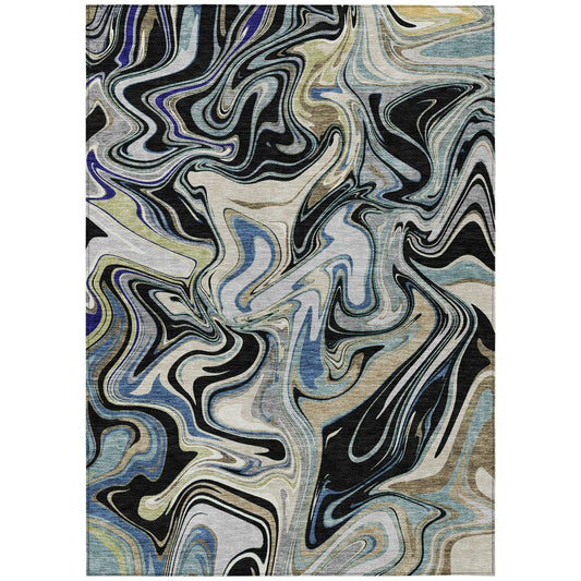 9' X 12' Black Blue And Beige Abstract Washable Indoor Outdoor Area Rug