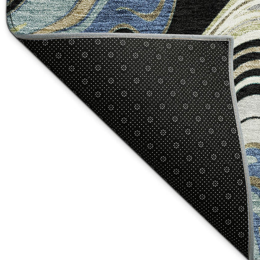 9' X 12' Black Blue And Beige Abstract Washable Indoor Outdoor Area Rug