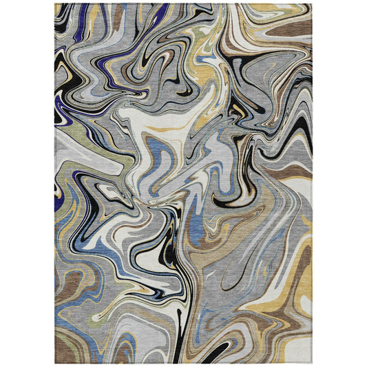 9' X 12' Gray Gold And Blue Abstract Washable Indoor Outdoor Area Rug