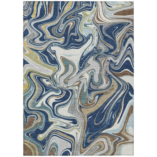 10' X 14' Navy Blue Ivory And Gold Abstract Washable Indoor Outdoor Area Rug