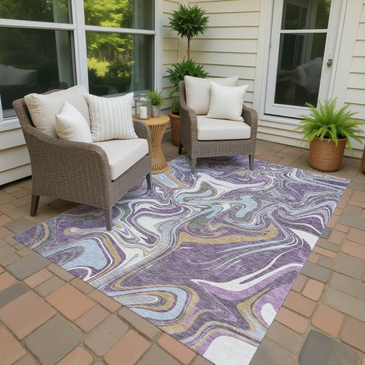 9' X 12' Purple Ivory And Gold Abstract Washable Indoor Outdoor Area Rug
