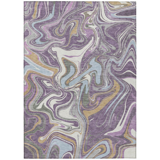 9' X 12' Purple Ivory And Gold Abstract Washable Indoor Outdoor Area Rug
