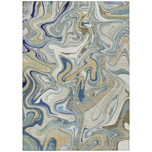 10' X 14' Beige Blue And Ivory Abstract Washable Indoor Outdoor Area Rug