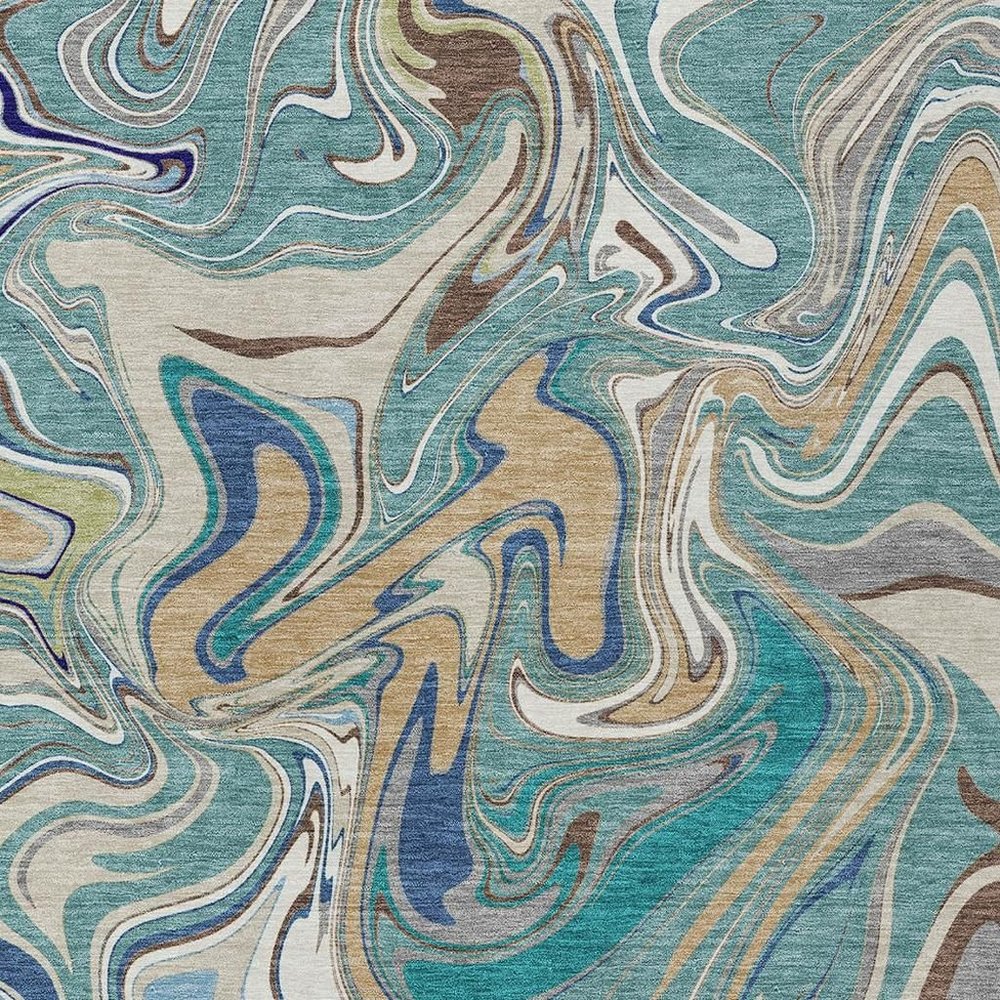 9' X 12' Teal Blue Gold And Ivory Abstract Washable Indoor Outdoor Area Rug