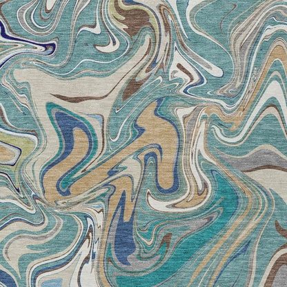 9' X 12' Teal Blue Gold And Ivory Abstract Washable Indoor Outdoor Area Rug