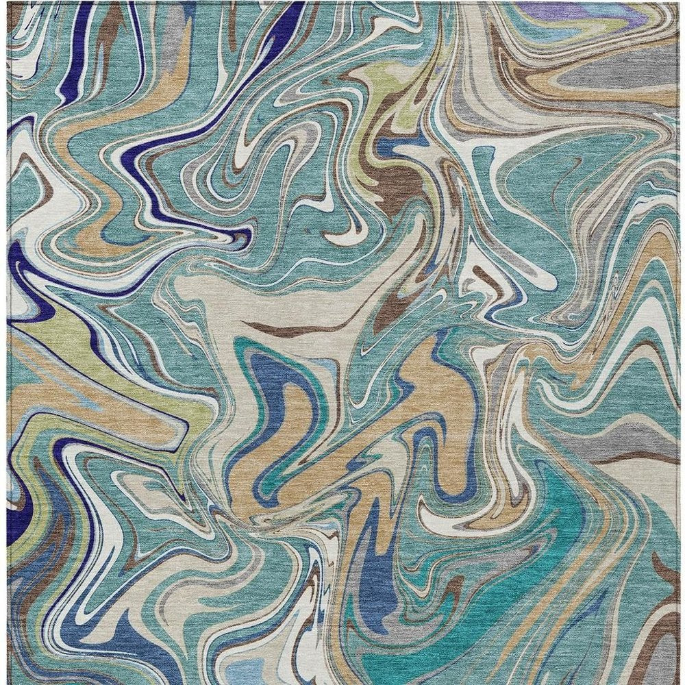 9' X 12' Teal Blue Gold And Ivory Abstract Washable Indoor Outdoor Area Rug