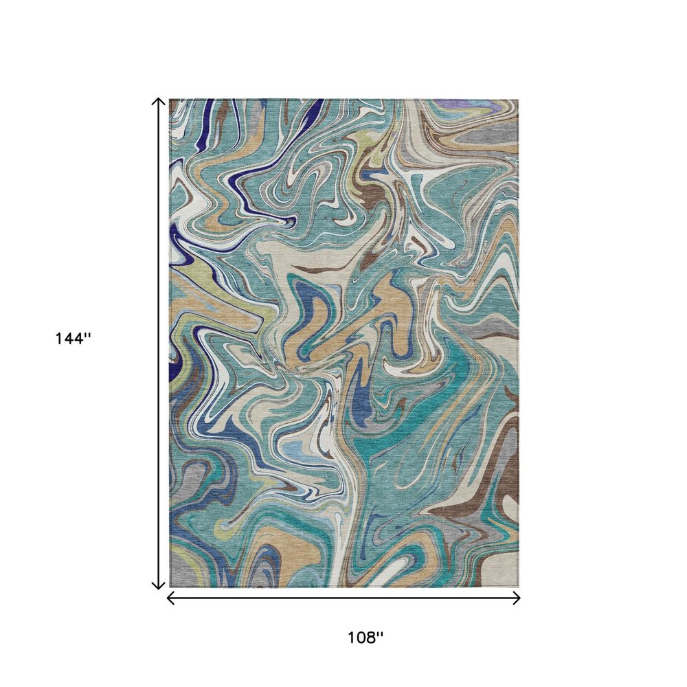 9' X 12' Teal Blue Gold And Ivory Abstract Washable Indoor Outdoor Area Rug