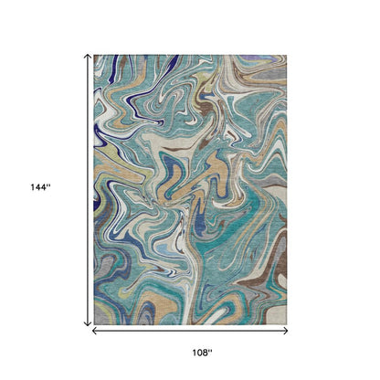 9' X 12' Teal Blue Gold And Ivory Abstract Washable Indoor Outdoor Area Rug