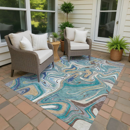 9' X 12' Teal Blue Gold And Ivory Abstract Washable Indoor Outdoor Area Rug