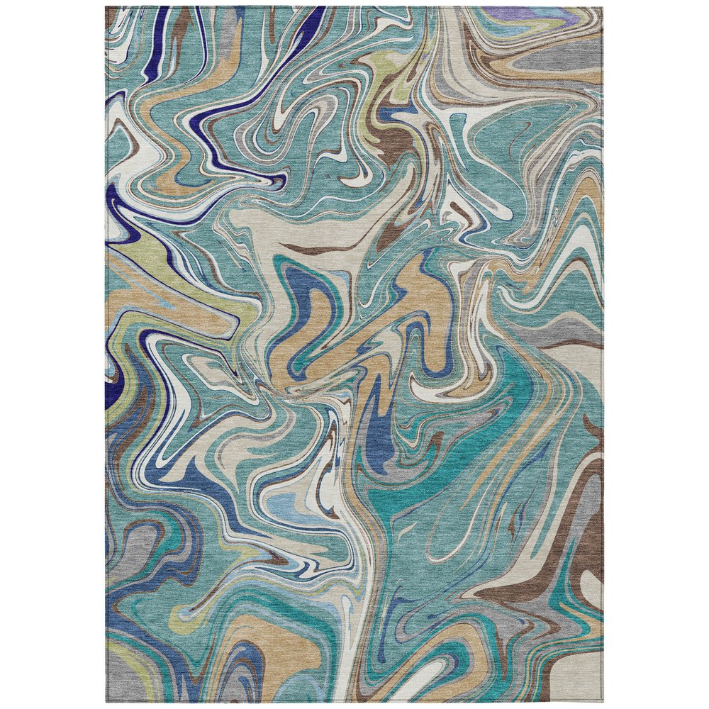 9' X 12' Teal Blue Gold And Ivory Abstract Washable Indoor Outdoor Area Rug