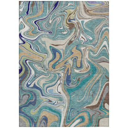 9' X 12' Teal Blue Gold And Ivory Abstract Washable Indoor Outdoor Area Rug