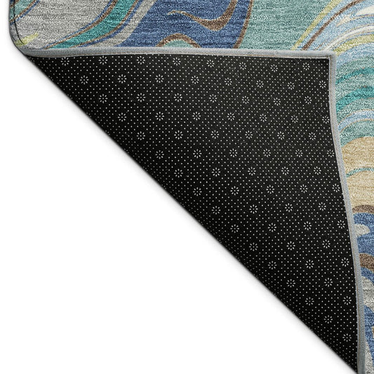 9' X 12' Teal Blue Gold And Ivory Abstract Washable Indoor Outdoor Area Rug